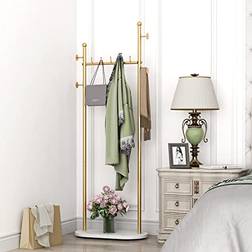 Gold Clothing Racks with Marble Base Modern Coat Racks Freestanding Gold Clothes Rack with Shelves for Bedroom Heavy Duty Garment Racks in Hallway
