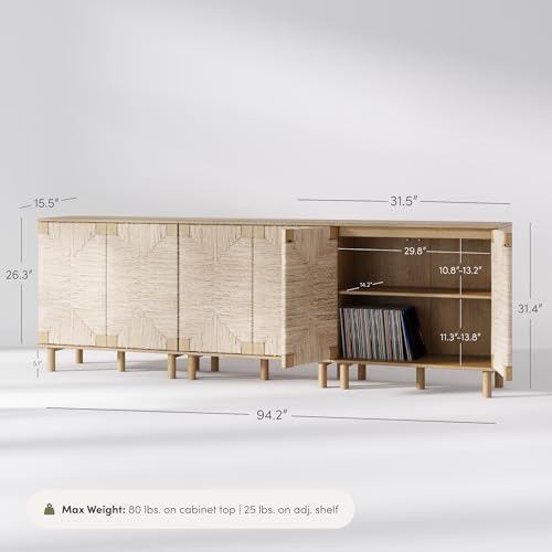 Beacon Accent Natural Sideboard Storage Cabinet TV Stand in Light Wood with Adjustable Interior Shelf and Seagrass Doors