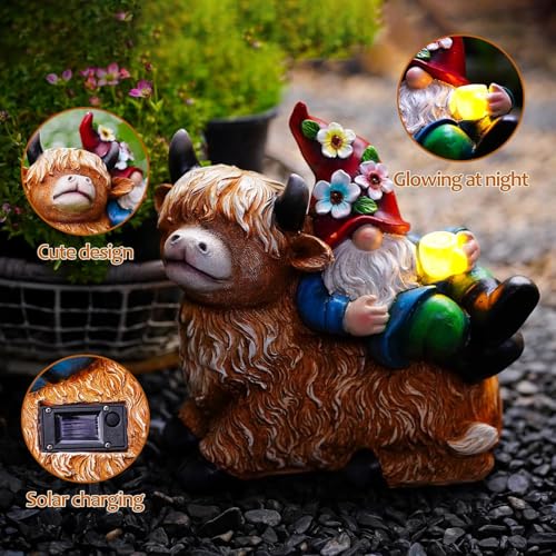 Garden Gnomes Decor Outdoor Statues Gnome on Highland Cow Hold Solar Cup Light Outdoor Decorations for Patio