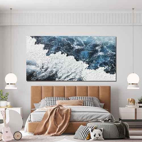 Blue White Abstract Canvas Wall Art Pictures for Living Room 29" X 58"