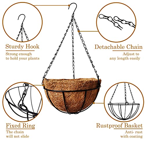 4 Pack 10 inch Metal Hanging Planters Basket with Coco Coir Liner Outdoor