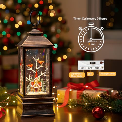 Christmas Snow Globe Lantern Water Glittering Cardinal & Church with Music & Timer