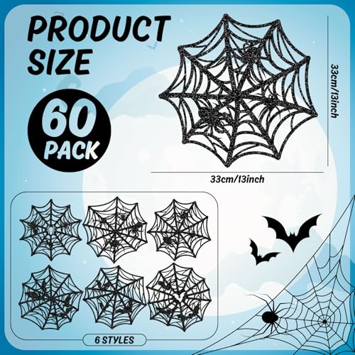 60Pcs Halloween Glitter Spider Web Disposable Paper Placemats Black Spiderweb Dining Table Mat Place Mats for Trick or Treat Party Home Table Setting (60 Count)