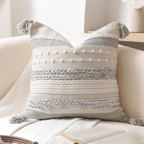 Gray Boho Decorative Throw Pillow Cover 20x20 Square Farmhouse Accent Cushion for Couch Sofa Livingroom Bedroom Pillowcase Modern Home Décor