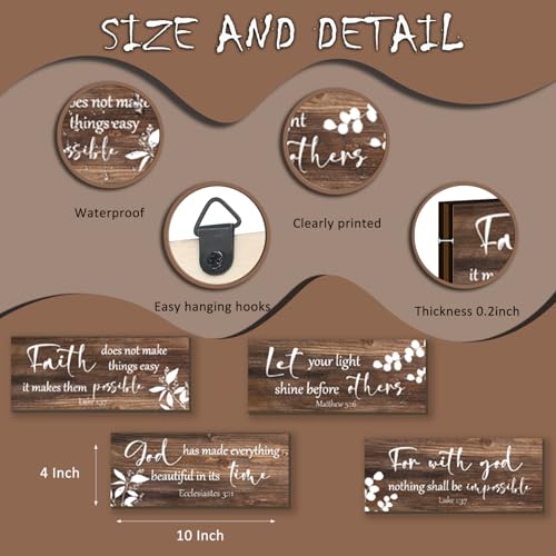 4 Pieces Brown Wall Decor Bible Verses Bathroom Decor Wooden Farmhouse Office Christian Wall Art Religious Art for Women Office Home Bedroom Living Room Decor (4 Count)