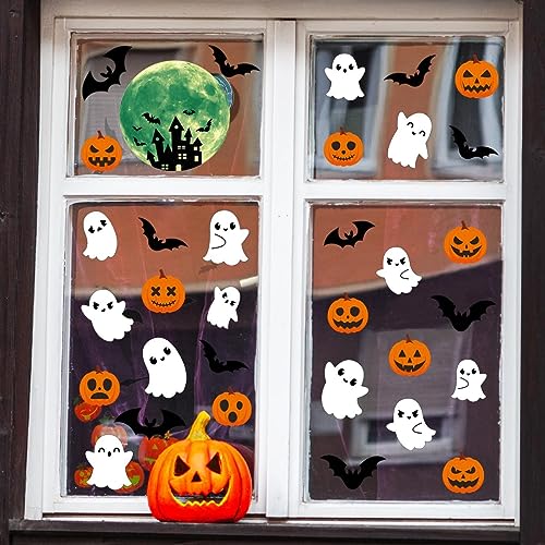 3 Sheets Glow in the Dark Halloween Window Clings Luminous Halloween Window Stickers Pumpkin Ghost Wall Decor Glowing Window Clings for Scary Halloween Theme Party Decorations