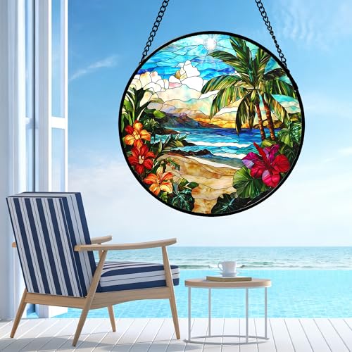 Tropical Hibiscus Beach Stained Glass Window Hanging Suncatcher Gifts 12"