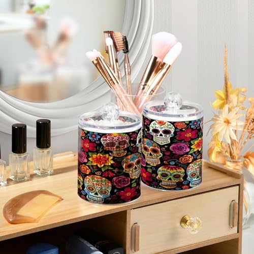 Colorful Skulls 2PC Airtight Transparent Plastic Storage Jar Food Storage Container Plastic for Food Herbs Tea etc with Storage Lid easy to use and clean With lid Easy To Use (2 Count)