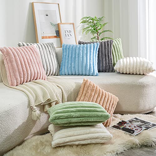 Pack of 2 Faux Fur Plush Decorative Throw Pillow Covers Fuzzy Striped Soft Pillowcase Cushion Covers for Sofa Couch Bedroom 16x16 inch (2 Count)