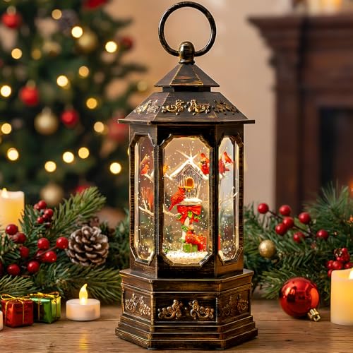 Christmas Snow Globe Lantern Water Glittering 11.6'' Cardinal & Birdhouse with Music & Timer