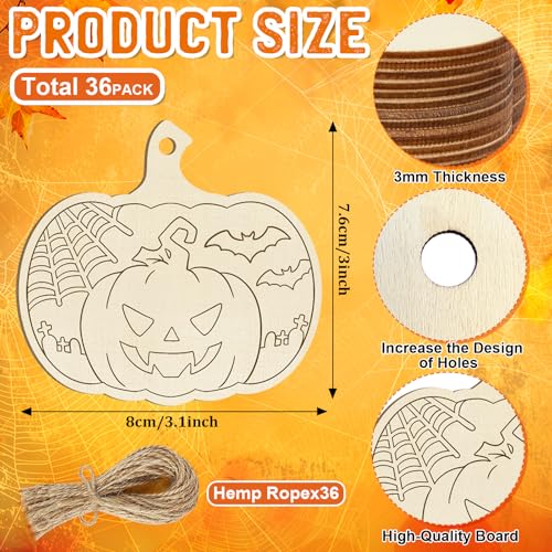 36PCS Wooden Pumpkins Ornaments to Paint Halloween Thanksgiving Decoration Cutouts Unfinished 3.5 inches (36 Count)