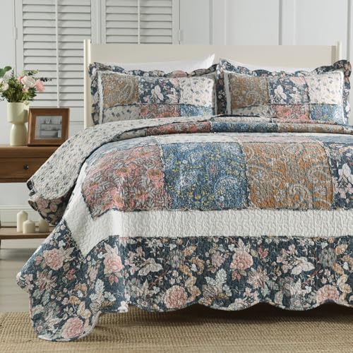 3 Piece Quilt Set Queen Size Quilted Bedspread Reversible Country Style Blue Floral Paisley Real Patchwork Bedding Quilt Set with Ruffles with Pillowcases for All Seasons