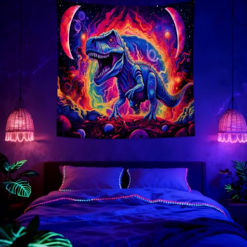 Blacklight Dinosaur Tapestry Wall Hanging Black Light Tapestries Uv Glow in the Dark Dino Poster for Teen Boys Room Bedroom 59.1" L x 59.1" W