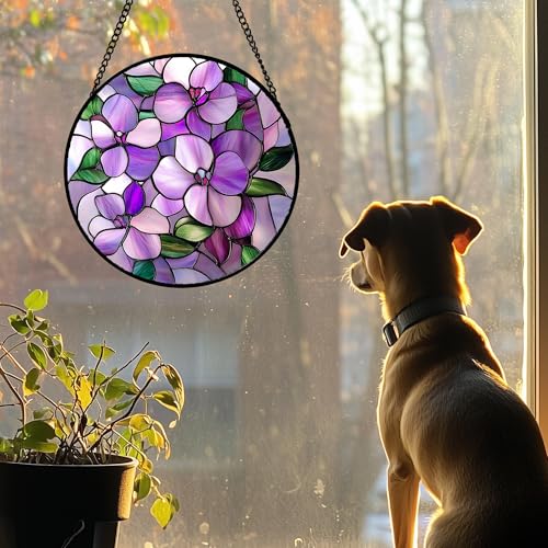 Stained Glass Window Hanging 4 Pcs Set Purple Flower Theme 9.8"