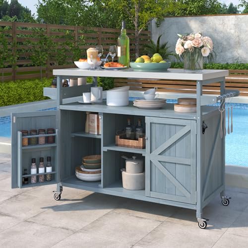 50.25" Outdoor Kitchen Island with Rolling Bar Cart & Storage Cabinet