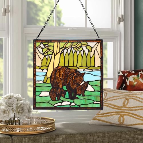 Stained Glass Window Hanging 12" Square Tiffany Animal Style Brown Bears Suncatcher Wall Decor Art Panel Includes 20" Chain and Hooks The Perfect Housewarming Gift