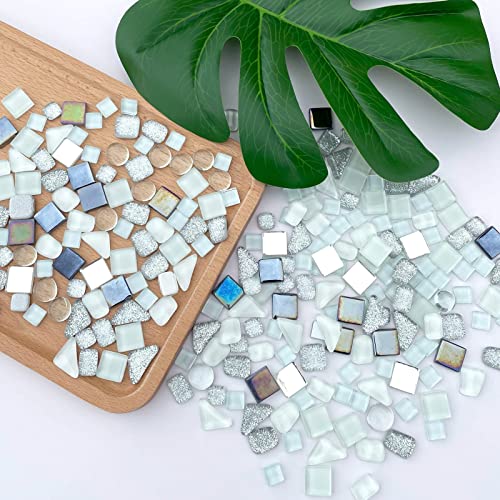 1.1LB Silver White Mixed Irregular Crystal Glass Mosaic Tiles for Crafts (17.6 Ounce)