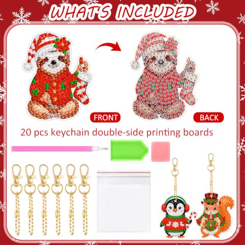 20 Pcs Christmas Cute Animal Diamond Painting Keychains Kit (20 Count)