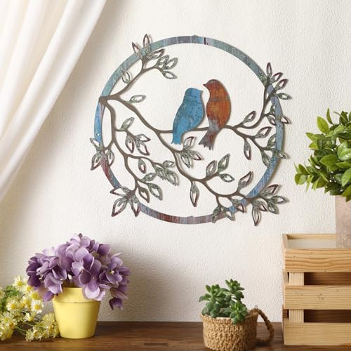 Metal Wall Art Bird on Tree Branch Silhouette Bird Hanging Ornament Porch Wall Decor for Living Room Outdoor Garden Bedroom Office Housewarming Party Decoration
