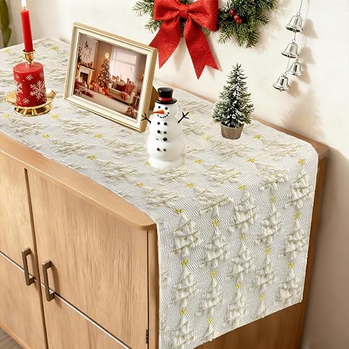 Christmas Table Runner Christmas Trees Beige Soft Plush Faux Fur 13x72 Inch (6.5 Sq Ft)