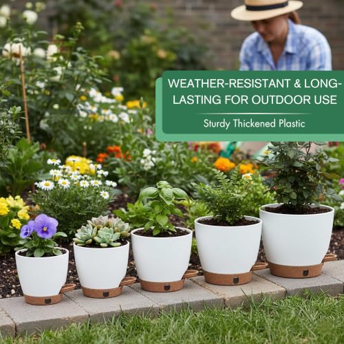 5-Pack Self-Watering Planters with Wick & Reservoir (5/5.5/6/6.5/7 Inch) – Plastic Indoor Pots with Drainage, Modern White Flower Pot for Violet, Herb (5 Count)