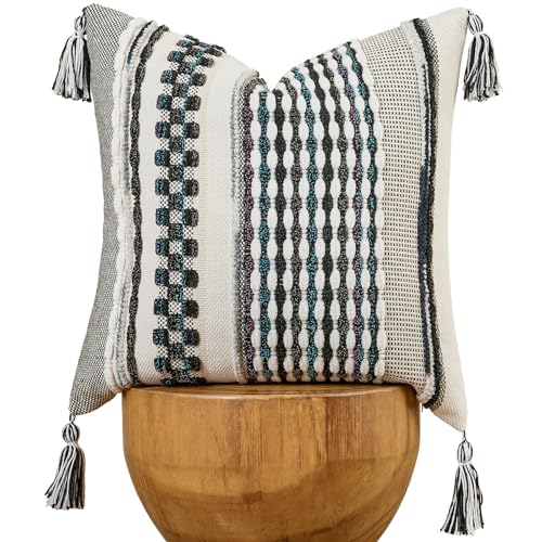 Chenille Striped Textured Boho Throw Pillow Covers Aesthetic with Tassels Woven Decorative Pillow Case for Couch Bed Sofa Bedroom Modern Funky 18 x 18
