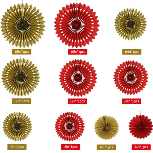 Honeycomb Round Paper Fans Red Gold Hanging Party Decoration (10 Count)