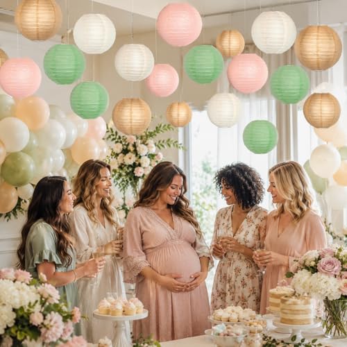 21-Pack Pink, Sage Green & Brown Paper Lanterns, Pastel Party Decor (21 Count)