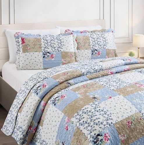 Pink Rose & Beige Toile Patchwork Quilt Set