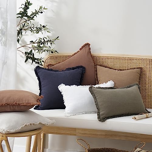Boho Linen Fringe Lumbar Throw Pillow Covers 12×24 Khaki Brown (2 Count)