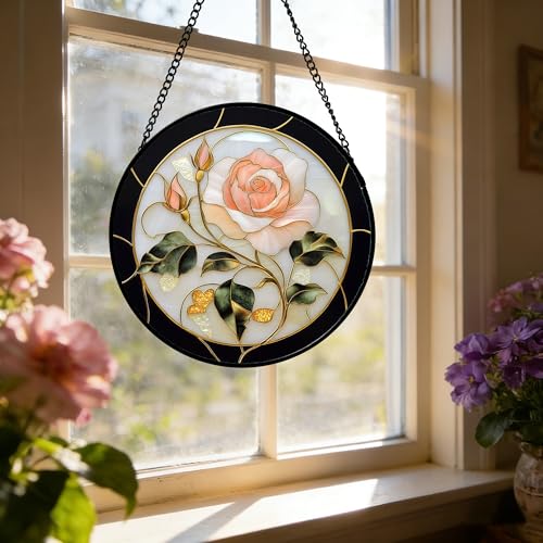Pink Rose Stained Glass Window Hanging Suncatcher Gifts for Women 7.8"