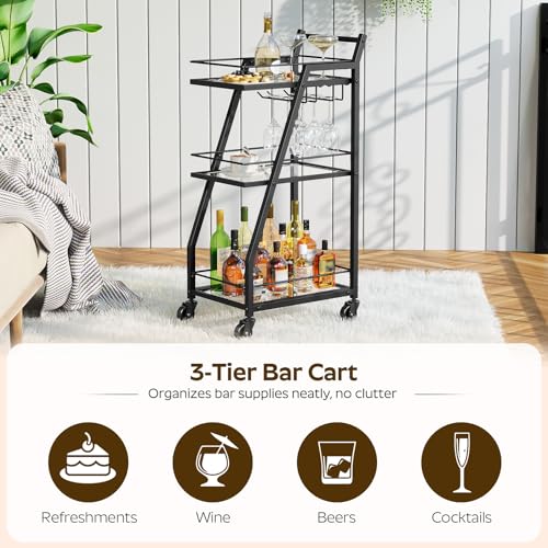 Bar Cart, 3-Tier Home Bar Serving Cart with Wheels, Drink Cart with Glass Holder, Beverage Cart, Rolling Kitchen Cart, for Home, Living Room, Transparent and Black BC03BK