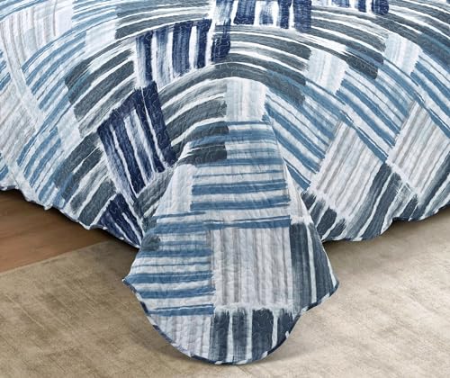 Blue Grey Stripes & Blocks Patchwork Quilt Set