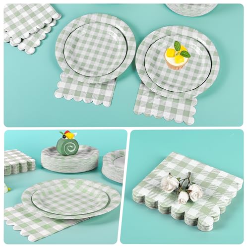 150Pcs Sage Green Gingham Party Supplies Green Gingham Paper Plates and Napkins Green Plaid Plates Disposable Greeny and White Plaid Party Decor for Birthday Family Picnic BBQ Party (150 Count)