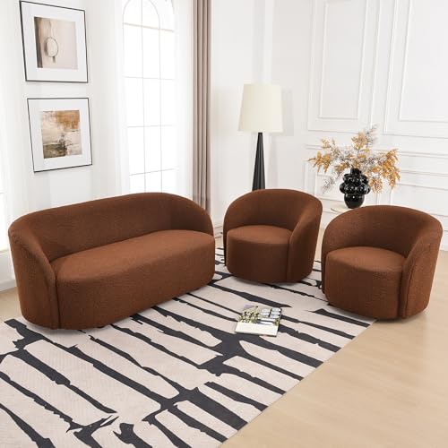 68" Boucle Loveseat Couch with 2 Swivel Barrel Chairs (3 Count)