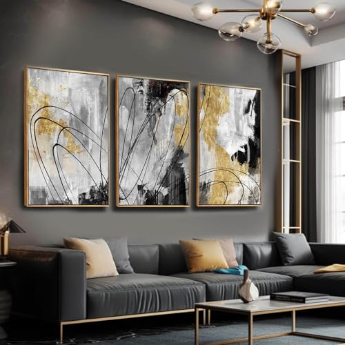 Gold Wall Art Abstract Wall Art Living Room Decor Black and White Canvas Picture Home Decor Wooden Frame Line Paintings Modern Artwork Office Decor 24"x 36"x 3 Pieces (3 Count)