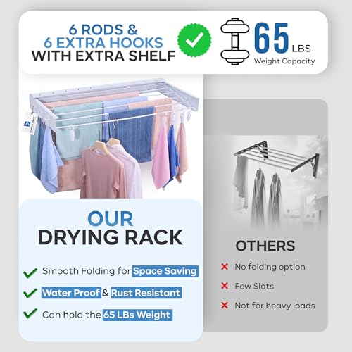 40" Premium Aluminium Foldable Clothes Drying Rack Included Shelf with 6 Rods & 6 Extra Clips