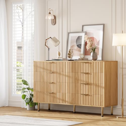 55" Fluted Natural 8 Drawer Dresser for Bedroom with Deep Drawer