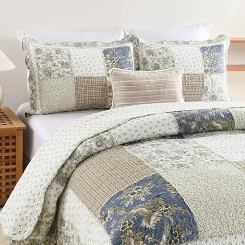 Quilt Set Queen Size Reversible Country Farmhouse Floral Real Patchwork Quilted Bedspread 3