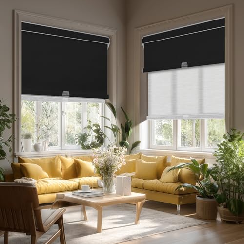 Cordless Dual Roller Shades.Linen Black and White.59 W x 48" H