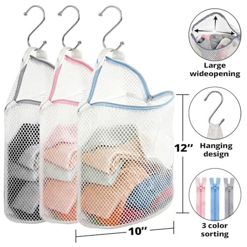 3Pcs Hanging Laundry Bags for Socks with S Hooks (3 Count)