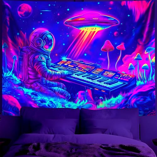 Blacklight Space Astronaut Tapestry UV Reactive Galaxy Planet Glow in Dark Tapestries Black Light Poster Neon Wall Hanging Art for bedroom Living Room