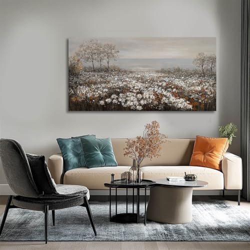 Farmhouse Decor Tree and Ocean Wall Art White Flowers Vintage Artwork 24"x48" Grey Pictures Wall Decor for Dining Room Bedroom Office