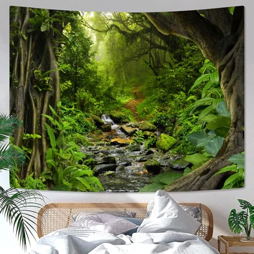 Green Rainforest Tapestry Nature Forest Tapestry for Bedroom Aesthetic Misty Tropical Jungle Trees Flowing Stream Landscape Tapestries Wall Hanging for Living Room Dorm 80 x 60 Inch