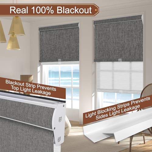 Cordless Dual Roller Shades.Dark Grey Linen & White.80 W x 72" H