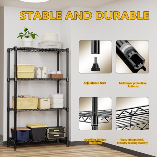 1000 lbs 4 Tier Shelf Metal Storage Shelves Shelving Wire Rack Heavy Duty Closet Organizers for Garage Kitchen Bathroom Laundry Black 15.7" D x 33.5" W x 59.5" H (4 Count)
