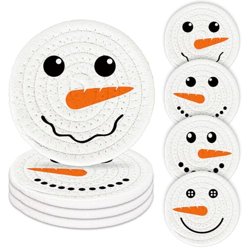 Christmas Cotton Coasters Handmade Braided Drink Coasters Winter Snowman Face Absorbent Cup Mats for Xmas Holiday Party Home Table Decor (4 Count)