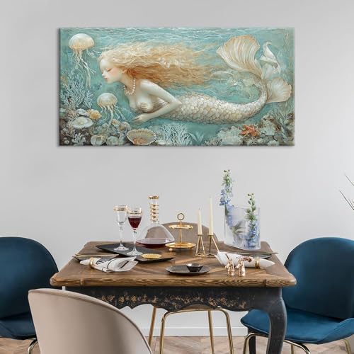 Ocean Mermaid Wall Art for Girls Room Modern Canvas Prints Marine Organism Underwater World Sea Creatures Artwork Paintings Women Bedroom Wall Decor