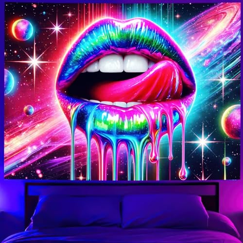 Blacklight Tapestry Rainbow Lips Neon Decor 78 x 59 Inch