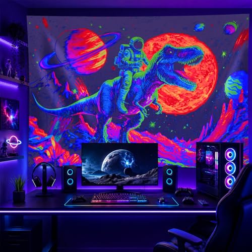 Blacklight Tapestry Dinosaur Astronaut Wall Art 78 x 59 Inch